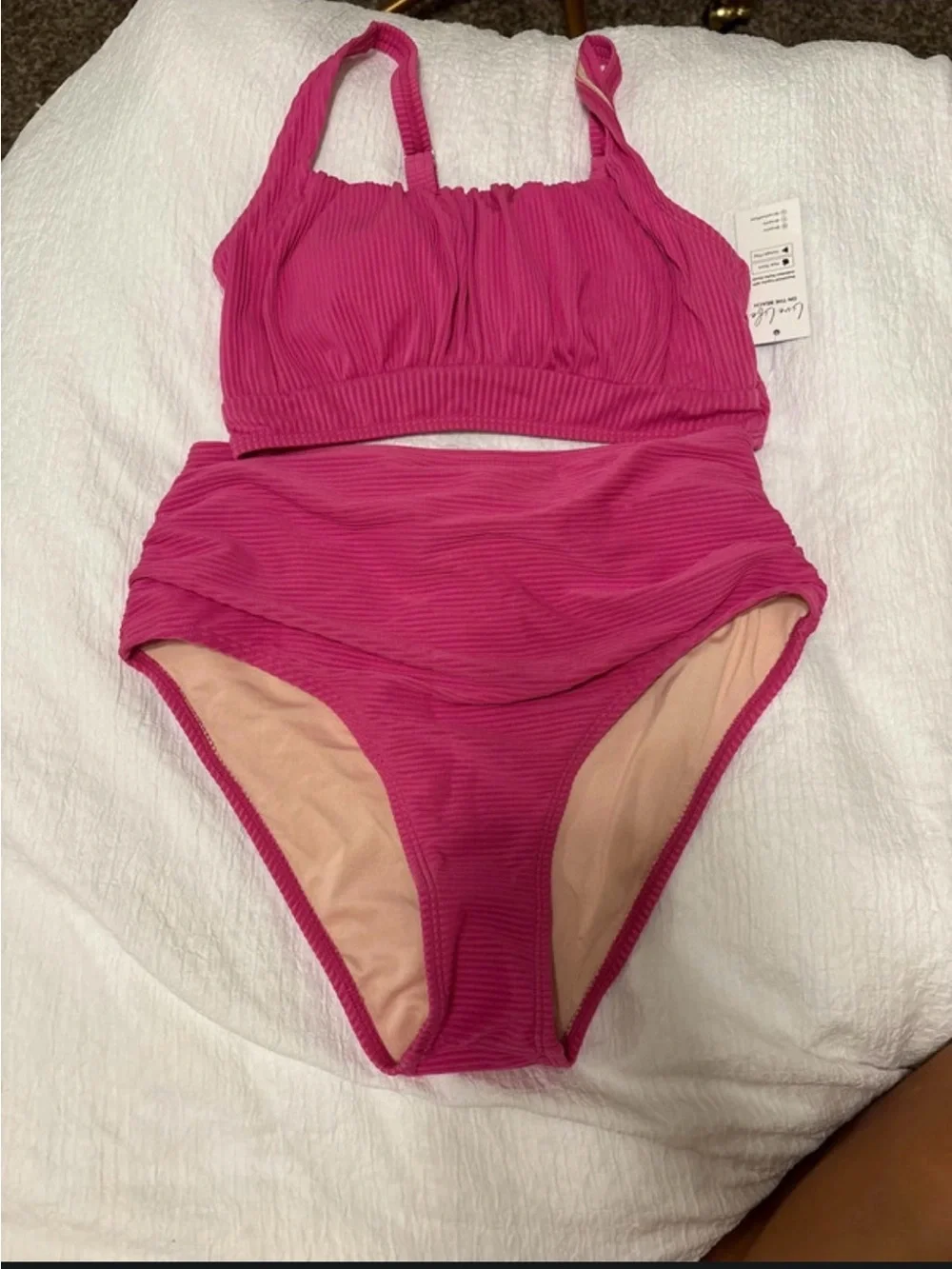 Cupshe Ribbed Two-Piece High-Waist Bikini - Hot Pink